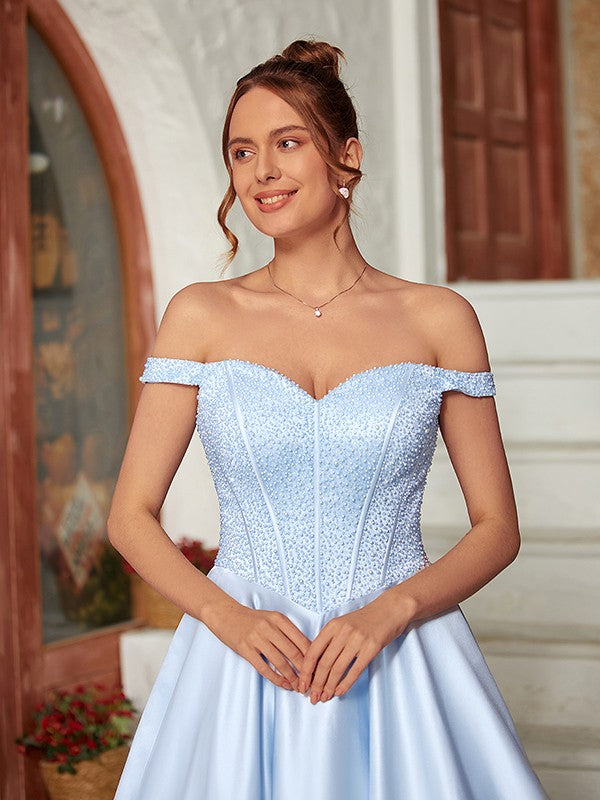 Ball Gown Satin Bead Sexy Off Shoulder Sleeveless Dress