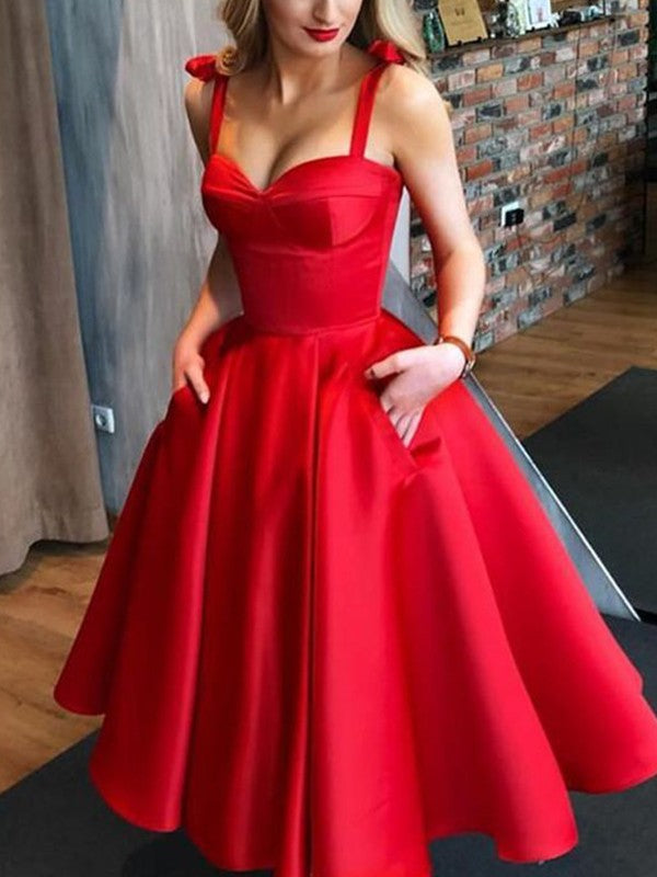 A-line Princess Satin Bow Strap Sleeveless Back to School Dress