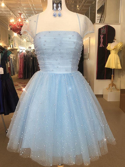 A-line Princess sheer strapless short sleeved beaded back to school dance dress