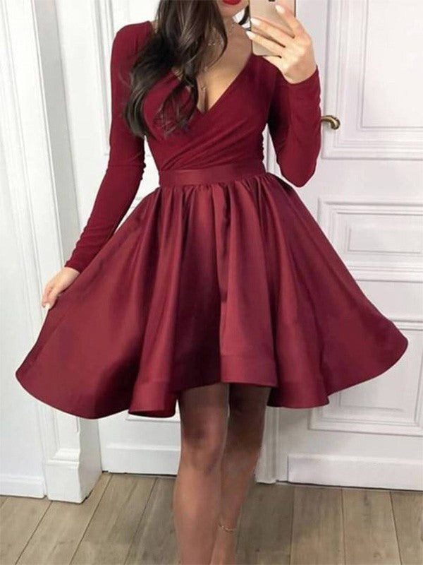 A-line Sweet Princess Ruffle Edge Long sleeved V-neck Satin Mini Homecoming Ball Dress